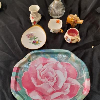 Small China collectables and small tin platter