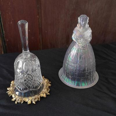 Two vintage bells Imperial Glass Iridescent Suzanne Colonial Belle Bell Bride 24% lead crystal bell