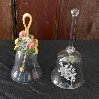Two Avon bells clear glass, white printed rose, and floral topped