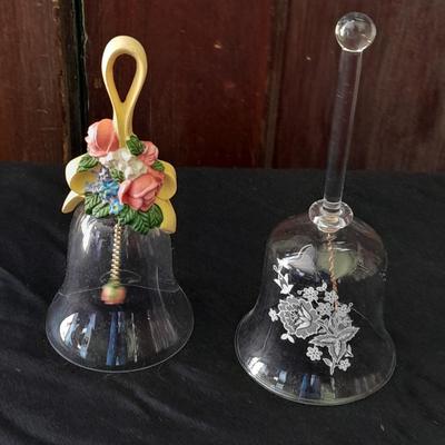 Two Avon bells clear glass, white printed rose, and floral topped