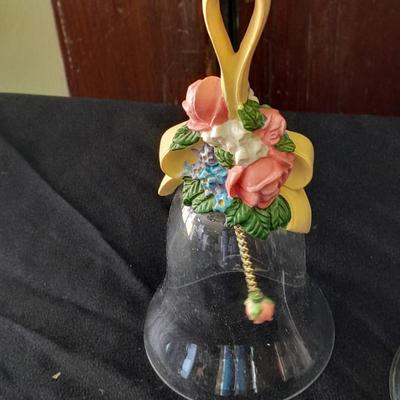 Two Avon bells clear glass, white printed rose, and floral topped