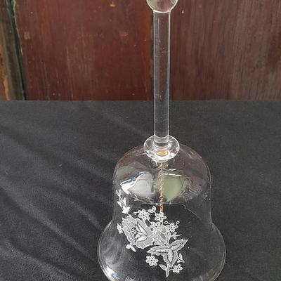 Two Avon bells clear glass, white printed rose, and floral topped