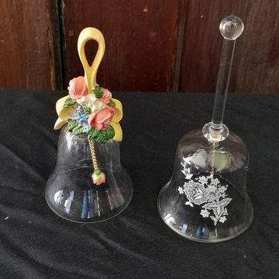 Two Avon bells clear glass, white printed rose, and floral topped