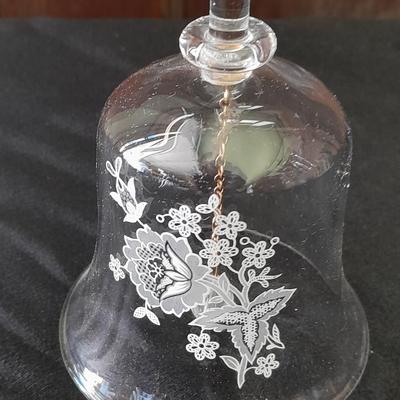 Two Avon bells clear glass, white printed rose, and floral topped
