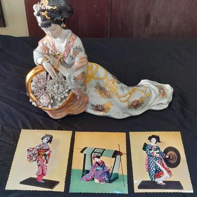 Vintage porcelain Geisha Girl Mid Century with Harukoma and Osome Art postcards