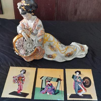 Vintage porcelain Geisha Girl Mid Century with Harukoma and Osome Art postcards