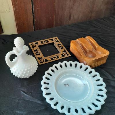 Avon Milk glass hobnail perfume bottle and other collectables