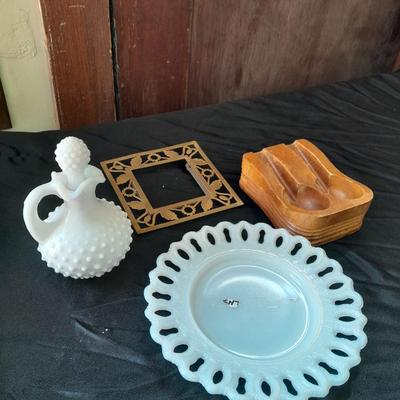 Avon Milk glass hobnail perfume bottle and other collectables