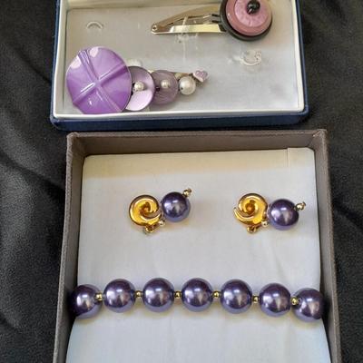 Fun Purple fashion Jewelry - purple beaded earrings, bracelet set, and two fashion barrettes.