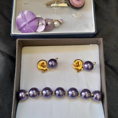 Fun Purple fashion Jewelry - purple beaded earrings, bracelet set, and two fashion barrettes.
