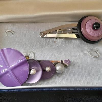 Fun Purple fashion Jewelry - purple beaded earrings, bracelet set, and two fashion barrettes.