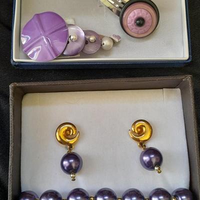 Fun Purple fashion Jewelry - purple beaded earrings, bracelet set, and two fashion barrettes.
