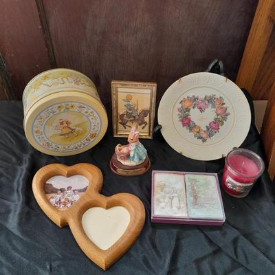 Variety of home decorative items bridge playing cards, candle, Love plate, tin and more