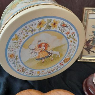 Variety of home decorative items bridge playing cards, candle, Love plate, tin and more