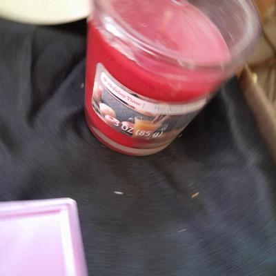 Variety of home decorative items bridge playing cards, candle, Love plate, tin and more