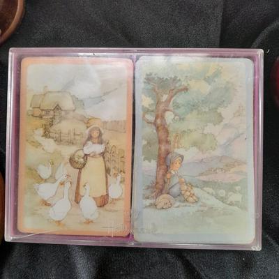 Variety of home decorative items bridge playing cards, candle, Love plate, tin and more