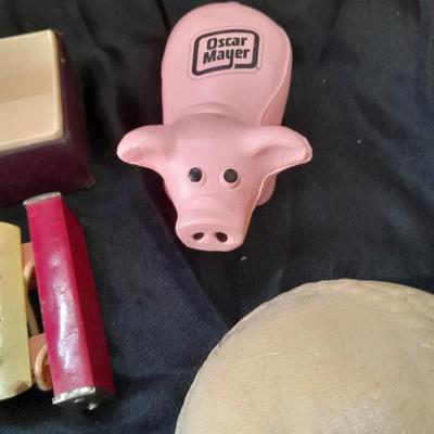 Vintage 10 Key Xylophone with stick, porcelain doll, softball, and Oscar Mayer piggy