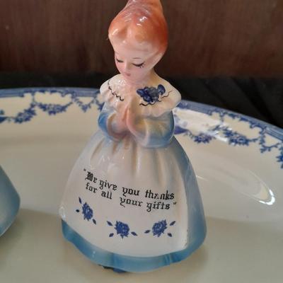 Vintage Enesco Blue Praying Girls Salt And Pepper Shakers with blue print platter made in England