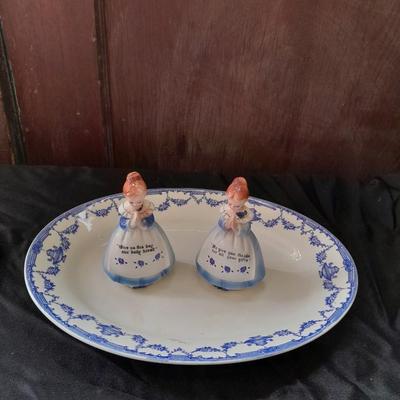 Vintage Enesco Blue Praying Girls Salt And Pepper Shakers with blue print platter made in England