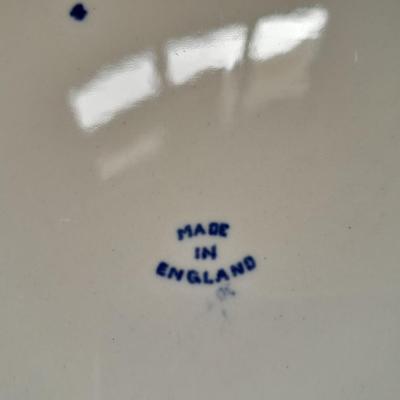 Vintage Enesco Blue Praying Girls Salt And Pepper Shakers with blue print platter made in England