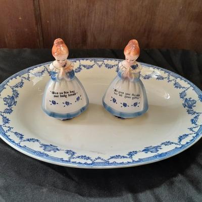 Vintage Enesco Blue Praying Girls Salt And Pepper Shakers with blue print platter made in England