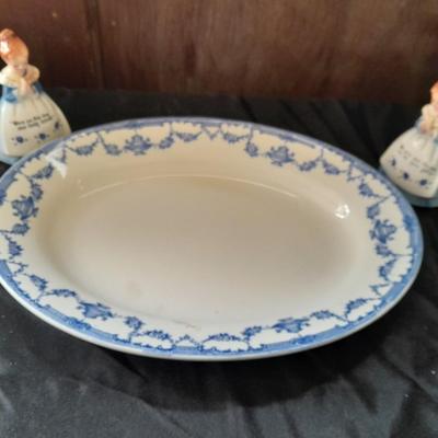 Vintage Enesco Blue Praying Girls Salt And Pepper Shakers with blue print platter made in England
