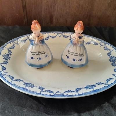 Vintage Enesco Blue Praying Girls Salt And Pepper Shakers with blue print platter made in England