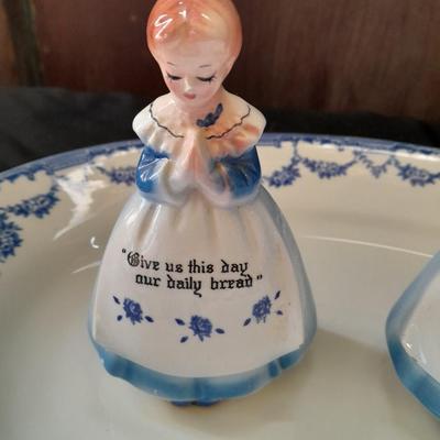 Vintage Enesco Blue Praying Girls Salt And Pepper Shakers with blue print platter made in England
