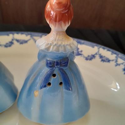 Vintage Enesco Blue Praying Girls Salt And Pepper Shakers with blue print platter made in England
