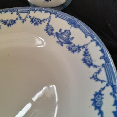 Vintage Enesco Blue Praying Girls Salt And Pepper Shakers with blue print platter made in England