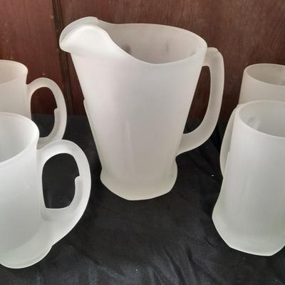 Vintage Frosted Pitcher by Tiara Indiana Glass Co. with 8 mugs