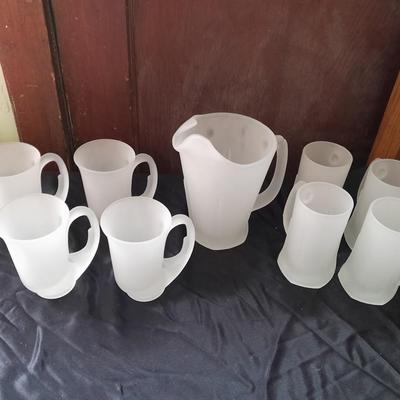 Vintage Frosted Pitcher by Tiara Indiana Glass Co. with 8 mugs