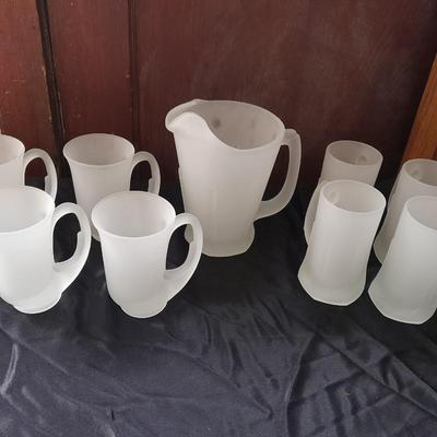 Vintage Frosted Pitcher by Tiara Indiana Glass Co. with 8 mugs