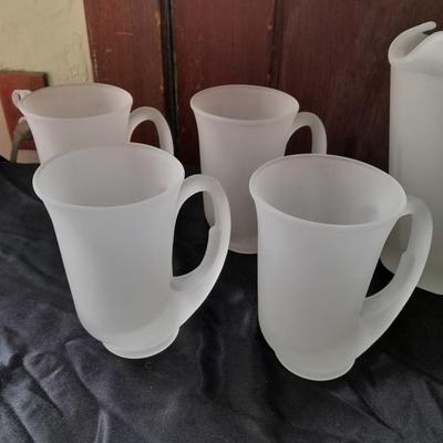 Vintage Frosted Pitcher by Tiara Indiana Glass Co. with 8 mugs