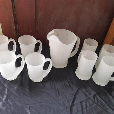 Vintage Frosted Pitcher by Tiara Indiana Glass Co. with 8 mugs