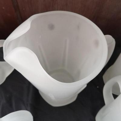 Vintage Frosted Pitcher by Tiara Indiana Glass Co. with 8 mugs