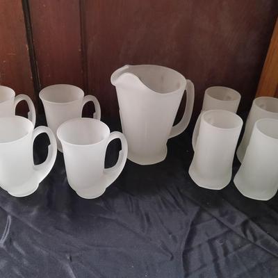 Vintage Frosted Pitcher by Tiara Indiana Glass Co. with 8 mugs