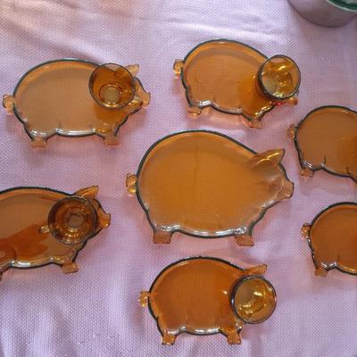 Rare 13-piece Vintage Tiara Amber Glass Luncheon pig plates