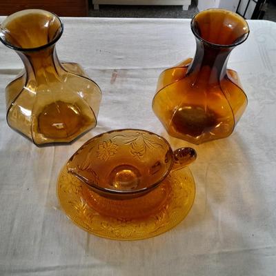 Vintage Tiara Amber Glass gravy boat and vases