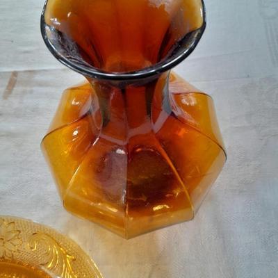 Vintage Tiara Amber Glass gravy boat and vases