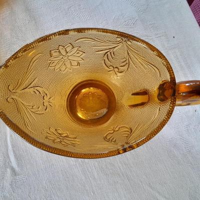 Vintage Tiara Amber Glass gravy boat and vases