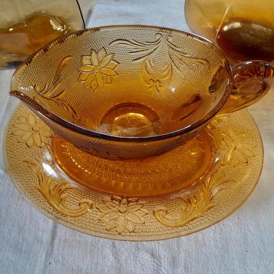 Vintage Tiara Amber Glass gravy boat and vases