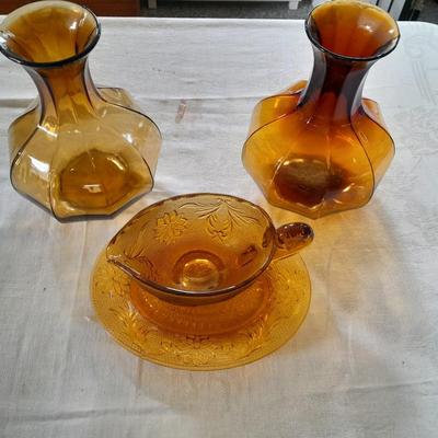 Vintage Tiara Amber Glass gravy boat and vases