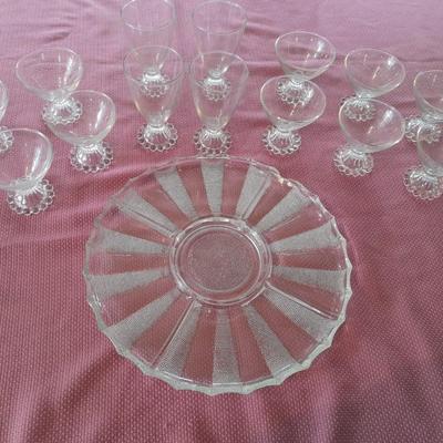 Jeannette Glass Dewdrop Round Tray, with 14 piece Anchor Hocking Berwick Boopie glassware