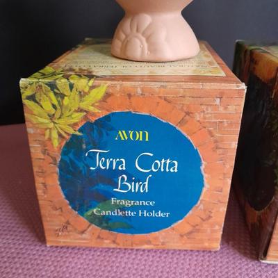 Two matching Avon Terra Cotta Birds with boxes Great candle holders or Plant pots.