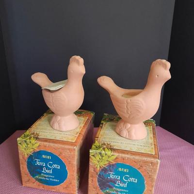 Two matching Avon Terra Cotta Birds with boxes Great candle holders or Plant pots.