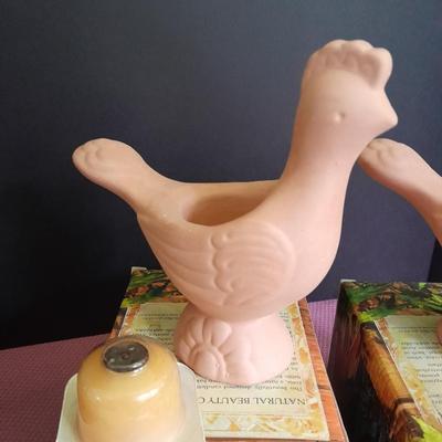 Two matching Avon Terra Cotta Birds with boxes Great candle holders or Plant pots.