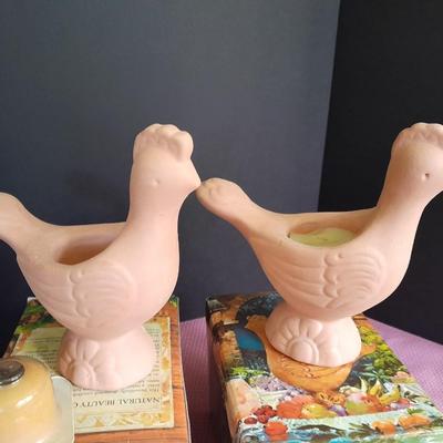 Two matching Avon Terra Cotta Birds with boxes Great candle holders or Plant pots.