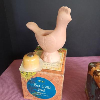 Two matching Avon Terra Cotta Birds with boxes Great candle holders or Plant pots.