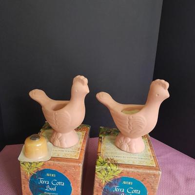 Two matching Avon Terra Cotta Birds with boxes Great candle holders or Plant pots.